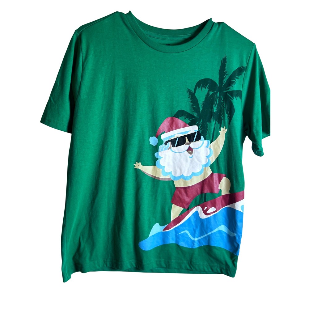 ADTN Surfing Santa Tee L 14/16 Green Mele Kalikimaka Graphic T-Shirt Kids/Boys